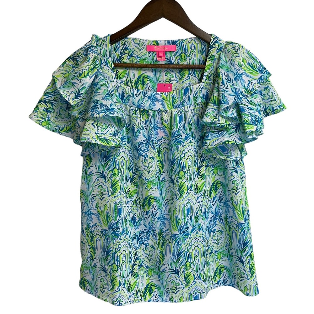 Lilly Pulitzer Devina Top Womens XS Out To Play Blue Green Ruffle Sleeve NEW